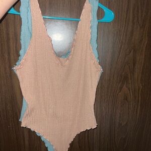 Ribbed V-Neck Bodysuit in Pink and Blue
